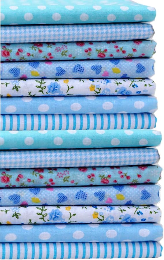 MSCFTFB 14 Pieces Assorted 7 Designs Square Fabric Bundles Sewing Square Patchwork Precut Fabric Scraps for DIY Quilting Applique Doll Dress Making (Baby Blue)