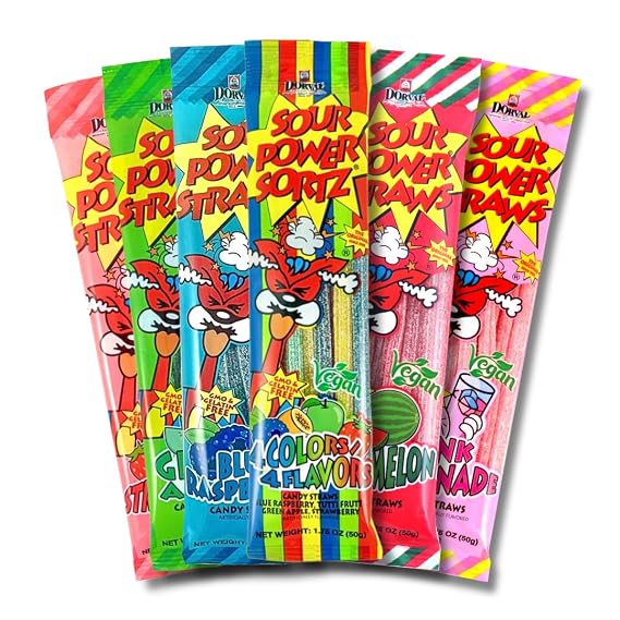 Sour Power Assorted Candy Straws, 1.75 oz (Pack of 6) Variety, Six Flavors Sour Straws Since 1985, Strawberry Green Apple Watermelon Rainbow Blue Raspberry, Vegan Soft Chewy, Non-GMO Gelatin Free
