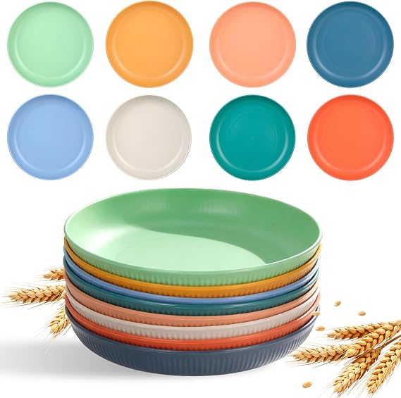 8 Unbreakable 9" Deep Plastic Dinner Plates - Reusable, Microwave & Dishwasher Safe, 8 Vibrant Colors, Perfect for Camping