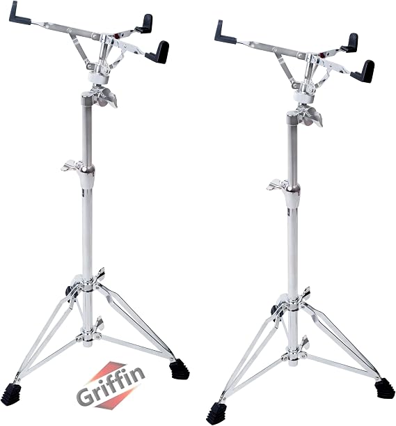 Griffin 2 Pack Tall Snare Drum Stands (Extended XHeight Edition) Chrome Adjustable Concert Mounts with Basket Clamp For Practice Pads & Standing Drummers