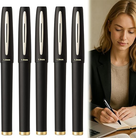 Pens Black Ink, 5 PCS Rollerball Pens, 1.0mm Medium Line Ballpoint Pens, Gel Pens for Writing Drawing Notes Taking School Office(Black)