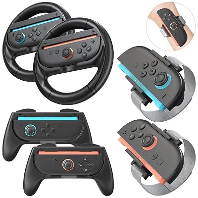 innoAura 6 in 1 Accessories Bundle for Switch 22025, Switch 2 Accessories Set with Steering Wheel  2, J-con Grip  2, Wrist Band  2 , Family Sports Party Pack Accessories Compatible with Switch 2Black