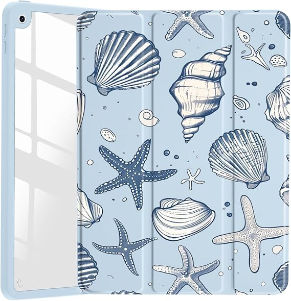 JOYLAND Sea Shells Case for iPad (A16) 11th Gen 2025 11-inch/10th Gen 2022 10.9 inch, Clear Acrylic Hard Back Ice Blue Case with Pencil Holder Trifold Stand Tablet Cover for Women