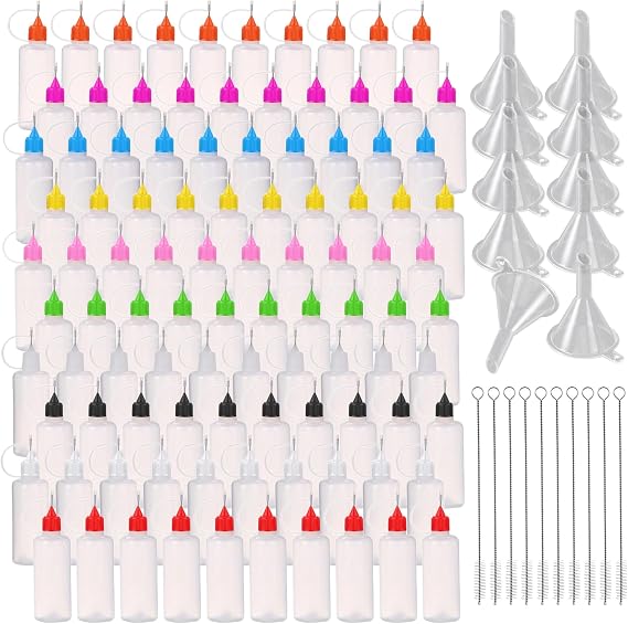 100 Pcs 10 ML Mini Needles Precision Tip Applicator,Fine Tip Applicator Bottle Glue Bottle Needle Squeeze Glue for Ink Liquid Oil DIY Crafts,Quilling Acrylic Painting,with 10 Funnel 10 Brush(10 Color)