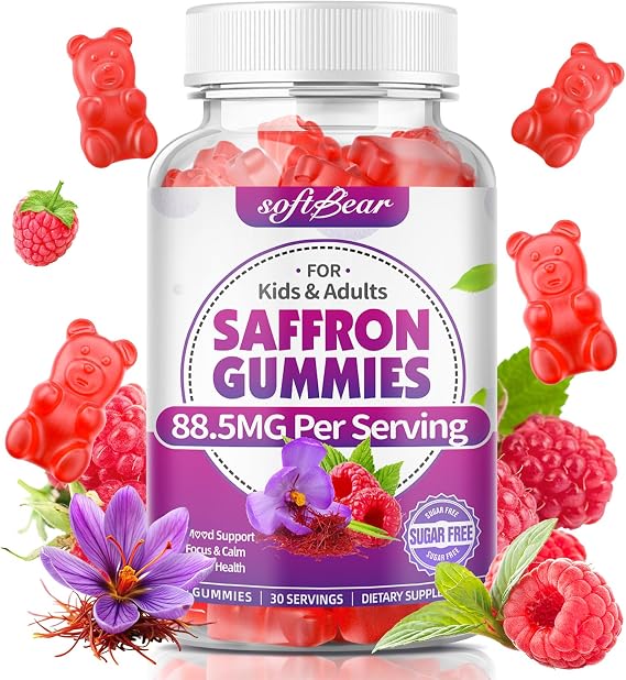 softbear Saffron Gummies for Kids & Adults, 10-in-1 Organic Saffron Supplements with 88.5mg Saffron Extract Support Calm Mind & Focus & Zzz, Sugar Free/Vegan, Raspberry Flavor 60 Count