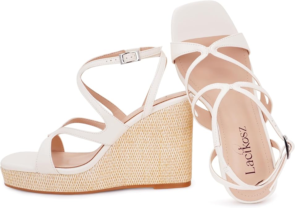LACIKOSZ Gold Wedge Sandals for Women Raffia Platform Open Toe Ankle Strap