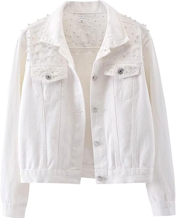 Jean Jacket Women 2025 Embroidered Pearls Beading Jeans Coat Casual Fashion Cropped Denim Jacket with Pockets
