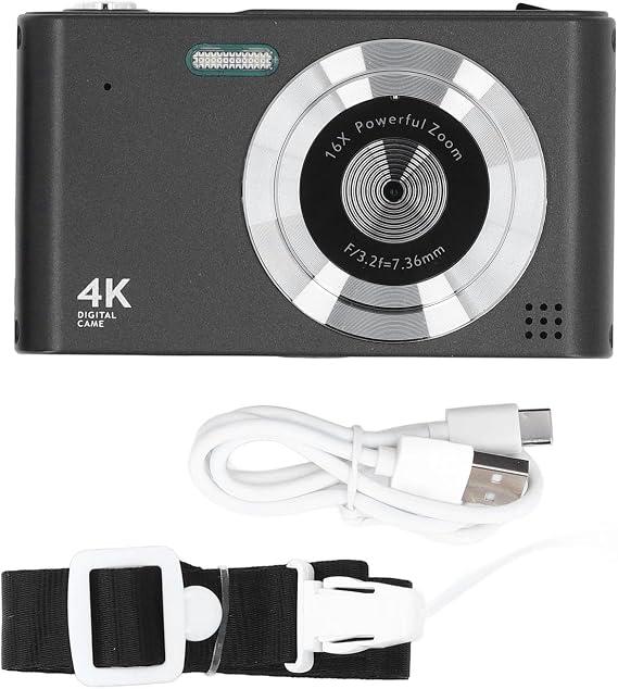 4K HD Digital Camera 16x Zoom 48MP Portable CCD Camera with LED Torch AF Auto Focus CCD Camera for Photography Travel Vlogging (Black)