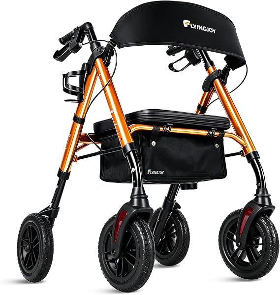 Folding Rollator Walker with Seat and Extra Wide Backrest, Rollators with All Terrain Large 8-inch Wheels for Seniors, Rolling Walkers with Cup & Cane Holder, Supports up to 300 lbs (Orange)