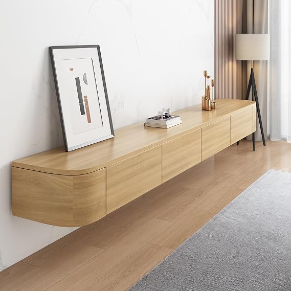 Floating TV Stand Wall Mounted TV Cabinet Floating Shelves with Door Entertainment Media Console Solid Wood Modern Living Room Round Corner TV Stand (Wood, 180CM)