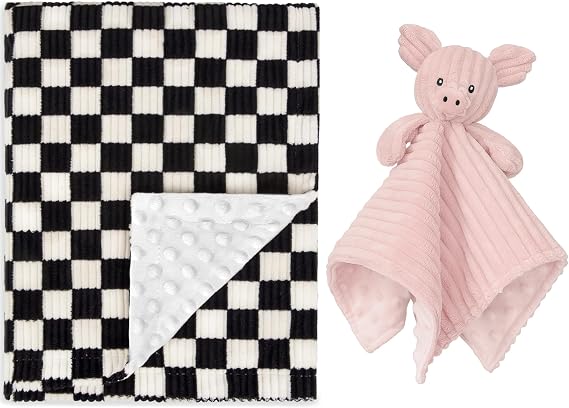 Baby Blanket for Boys Comfy Durable Corduroy Toddler Blanket+Soft Pig Baby Snuggle Toy Newborn Stuffed Animals Shower Gifts for Boys and Girls
