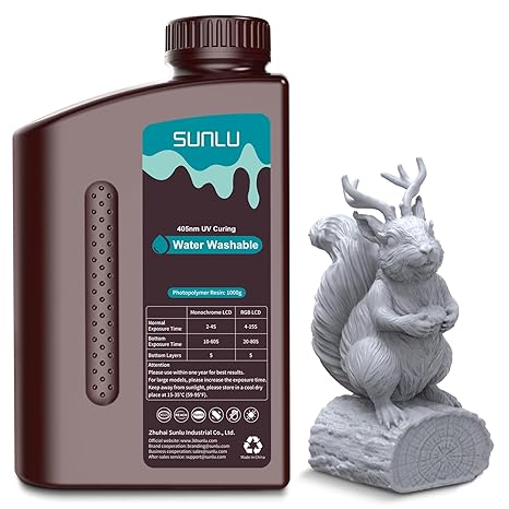 SUNLU Water Washable Resin 3D Printer Resin Grey, Easy Post-Processing 405nm UV-Curing Standard Photopolymer Resin for LCD/DLP/SLA 3D Resin Printer, High Precision & Low Shrinkage, Grey 1KG