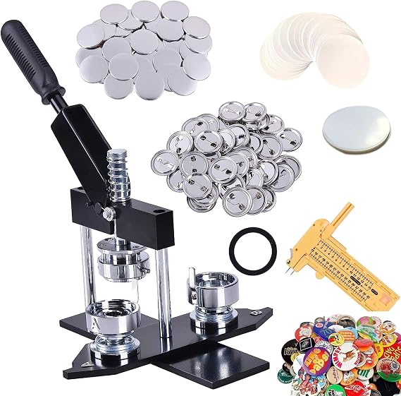 32mm Button Press Button Pin Maker Machine Set, with 500pcs Free Button Parts + Plastic Circle Cutter, Quick & Easy to Use, Interchangeable Sizes, DIY Round Badge Punch Press Maker for Badge Making