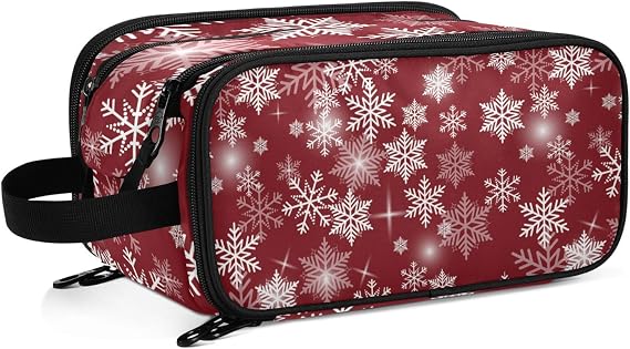 Seamless White Snowflake Sparkle Stars on Red Women's Portable Makeup Bag with Handle, Cosmetic Bag, Travel Cosmetic Bag Durable Toiletry Storage Organizer 11 x 7 x 5.7 inch