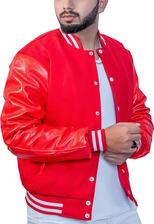 Men's Varsity Jacket Genuine Leather Sleeve and Wool Blend Letterman Boys College Varsity Jackets XXS-5XL