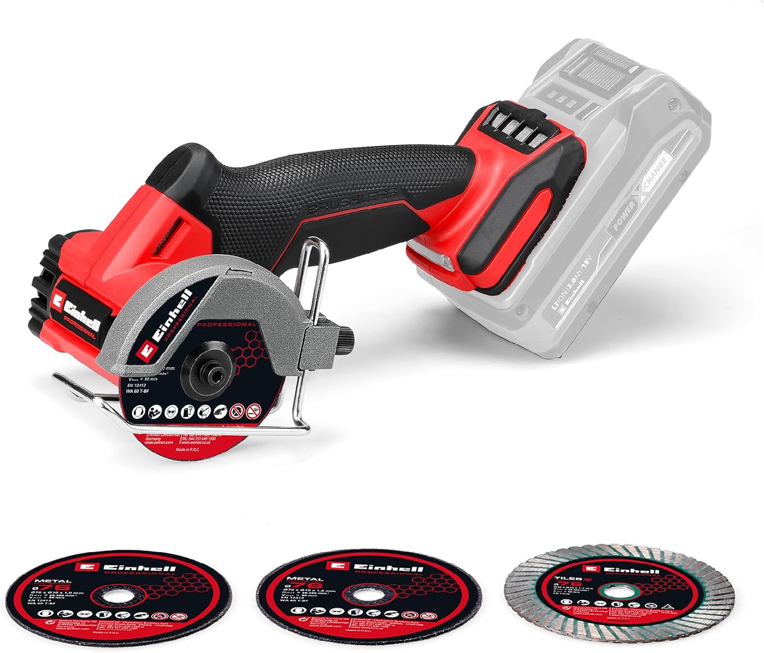 Einhell Professional Cordless Cutting Grinding Machine TP-CO 1876-C Li BL-Solo 18V, coal-free, 76mm disc diameter, 16mm cutting depth, depth adjustment, including 4x cutting disc, battery not included