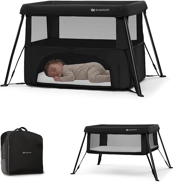 Kinderkraft Cami 3 in 1 Convertible Travel Cot Black | 2 level bassinet and toddler cot, includes rigid support base plate, ultralight 12.8 lbs, 5 sec fold with backpack