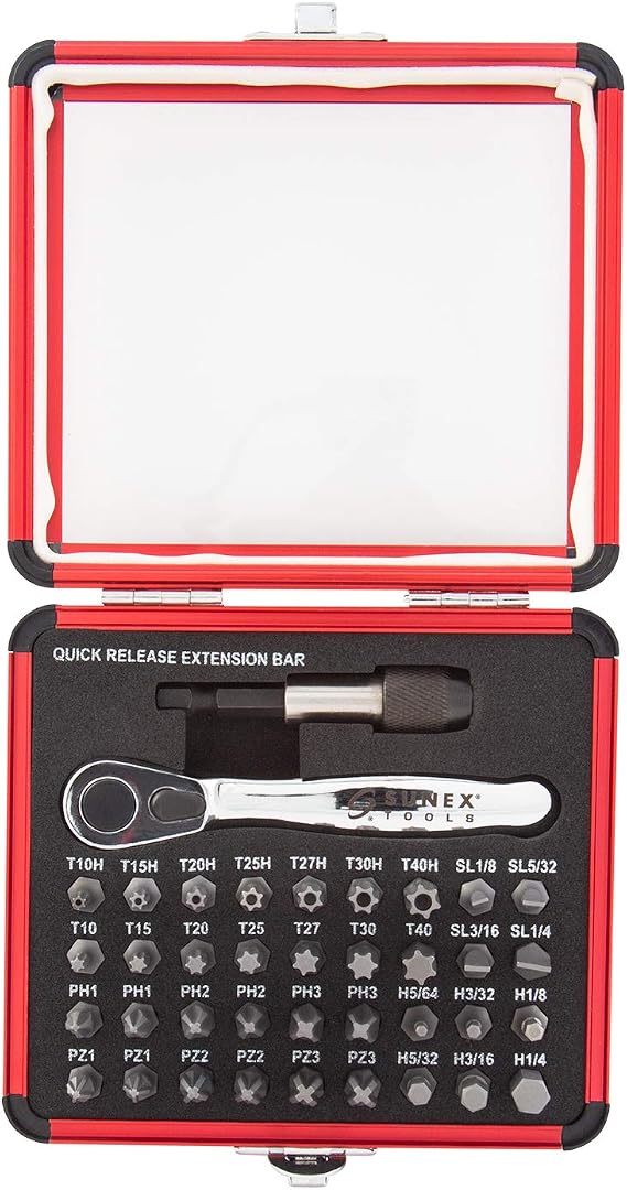 Sunex 9726 Mini Ratchet and Bit Set, 1/8-Inch - 1/4-Inch S2 Bits, 5/64-Inch - 1/4-Inch hex bits, 38-Piece Silver