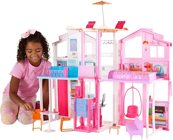 Barbie 3-Story Townhouse Dollhouse with Accessories | Elevator, Swing Chair, Furniture and Accessories, Fold for Portability and Travel