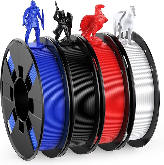 WEEFUN 4 Color PLA Filament Pack for FDM 3D Printers, 3D Printing Material with Four Bright Colors Black/White/Red/Blue, PLA Filaments for 3D Printer, 4 Spools, Total 1KG(2.2LBS)