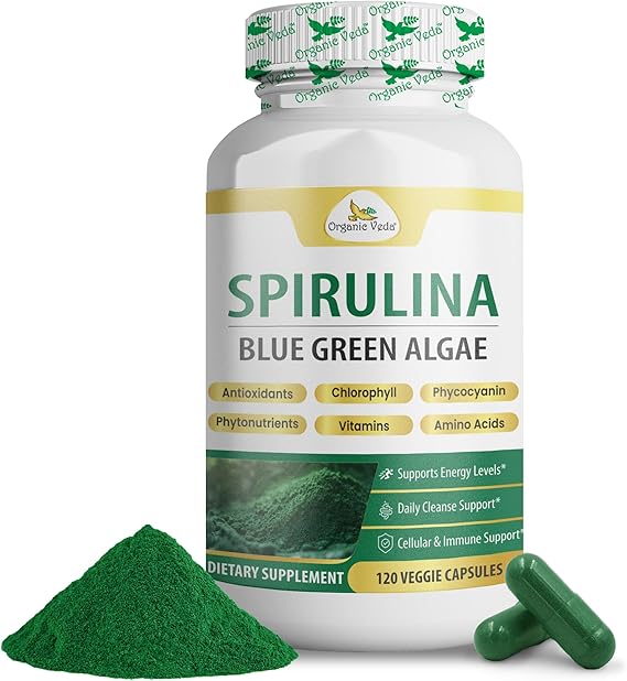 Organic Veda Spirulina Capsules, Nutrients Dense Blue Green Algae - The Purest Organic Spirulina Green Superfood Supplement, Antioxidants & Immune Support - 120 Vegan Capsules