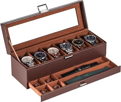 Lolalet Watch Case for Men, 6 Slot Watch Display Case with Clear Glass Lid, 2-Layer Mens Watch Box Watch Holder, 6 Watch Box Organizer, Watch Storage Case With Drawer -Espresso