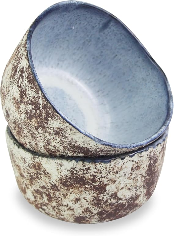 roro Handmade 4.5-Inch Rustic Coral Ceramic Miso Bowls Set of 2, Hand-Glazed Blue Interior with Textured Finished, Microwave & Dishwasher Safe