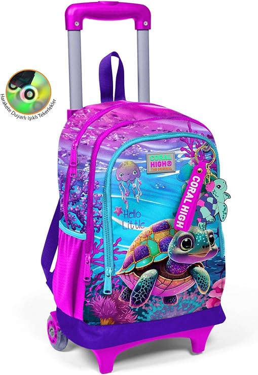 Pink Purple Turtle Rickshaw School Bag with Coral High Lighted Wheels - Girls