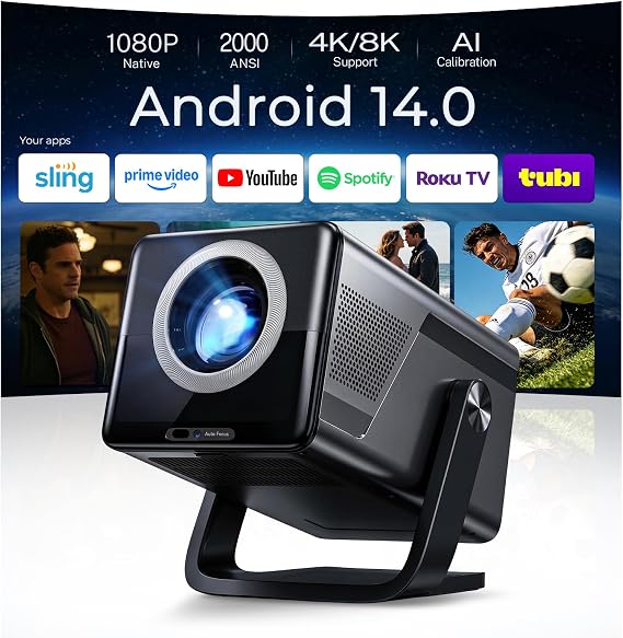 2000 ANSI Native 1080P Smart Projector, 4K Supported, Android 14 projectir Mini Projector with WiFi & Bluetooth, Auto Focus, Keystone, 4k projector Home Cinema for Bedroom & Outdoor projecter X7
