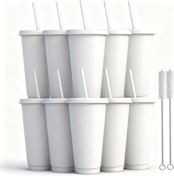 710ml Reusable Plastic Cups, 10 Pack Cold Cups with Lid and Straw, Tumblers Travel Mugs for Adults and Madam Party and Beach, Pool Gatherings (10, White)