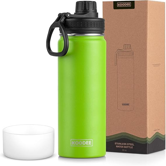 koodee Water Bottle-22 oz Stainless Steel Vacuum Insulated Water Bottle, Wide Mouth Flask with Leakproof Spout Lid (Apple Green)