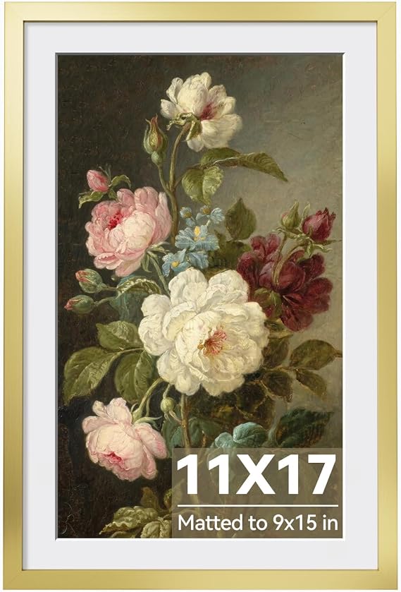 HappyHapi 11x17 Picture Frame Gold, Gold Picture Frames Display Photos 9x15 with Mat or 11x17 Without Mat, 1 Pack Plastic Frame for Wall for Home Decor