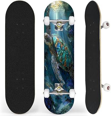 Complete Skateboard with Underwater Sea Turtle Teal Stained Glass Shell Dreamy Beginner Skateboard 7-Layer Maple Wood Double Kick Concave Skateboards for Kids, Adults, Teens 31 x 8
