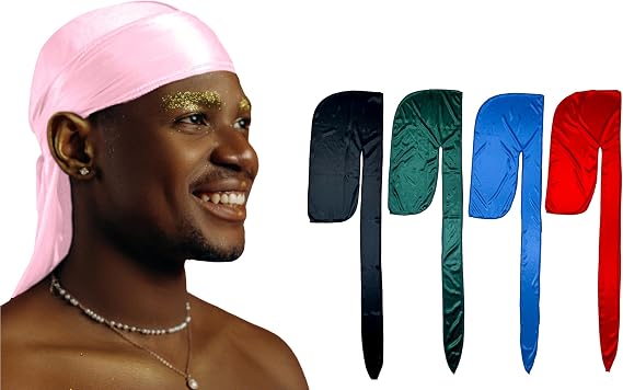 DuragPro 1 Pack Silky Satin Pink Durag Bundle 4 Pack Silky Satin Durags(Black, Blue, Red, Green)