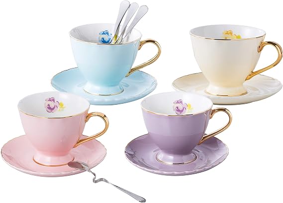 Serve for 4- Fine China Multicolor Coffee/Teacup Saucer with Spoons, 7 OZ | 7 OZ, Regular Teacup Size, Teacup and saucer set with spoons