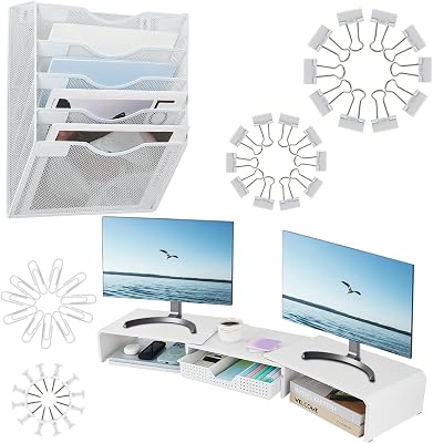 Dual Monitor Stand Riser  Hanging Wall File Organizer and Accessories White