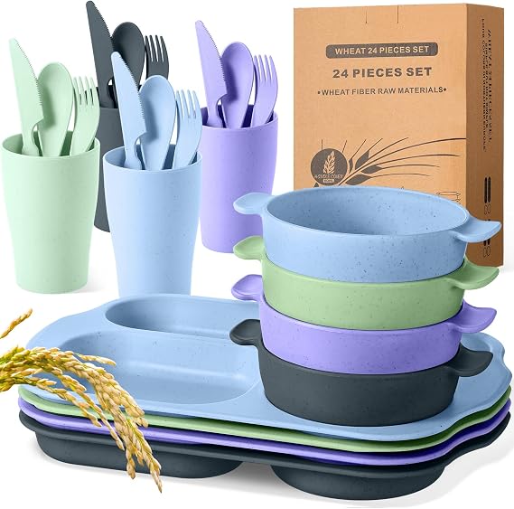 Honoson 24pcs Wheat Straw Dinnerware, Unbreakable, Assorted Color