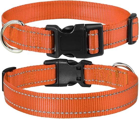 Dog Collars, Reflective Adjustable Dog Collar with Safety Buckle Metal D-Ring Padded Collar Easy to Fit & Use for Puppy Small Medium Dogs (Orange, One Size)