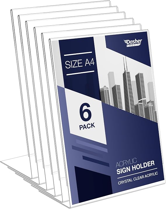 Slant Back Acrylic Sign Holder A4, 6 Pack, Portrait Ad Frames, Clear Picture Frame for Signs, Brochure, Flyer, Menu, Paper, Poster, Display. Slanted Plastic Message Board Stand for Home, Office, Store