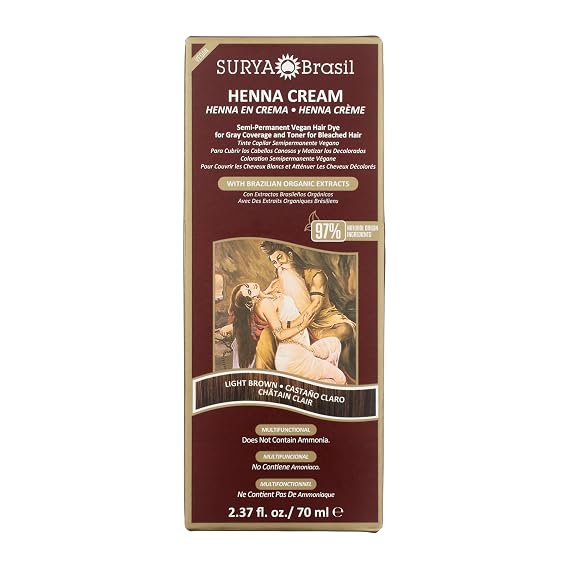 Surya Brasil Light Brown Natural Henna Cream Hair Color Treatment for Gray Hair Coverage, Deep Conditioning Semi Permanent Hair Dye, 2.37 oz / 70 ml