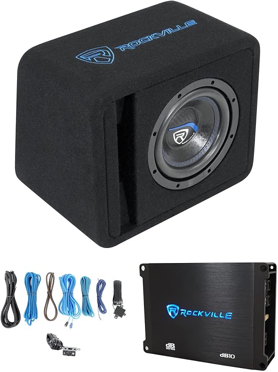 Rockville SK58 Package 8" Loaded K5 Car Subwoofer with Amplifier | Vented Enclosure, dB10 Mono Class D Amp, 800W Peak/200W RMS CEA, Wiring Kit Included, 4 Ohm, MDF Cabinet