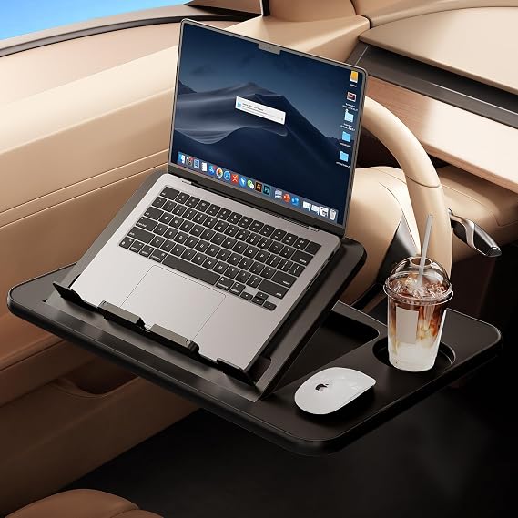 3 in1 Car Steering Wheel Tray Table for Laptop, Height Adjustable Car Table Tray for Driver, Car Food Tray with Drinks Holder,Multipurpose Travel Car Accessories for Long Road Trips-Black