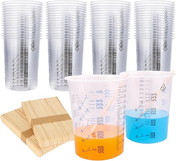 100PCS Plastic Mixing Cups for Epoxy Resin 600ml (20oz) Disposable Mixing Cups with 100 PCS Wooden Mixing Sticks Clear Graduated Plastic Measuring Cups for Mixing Paint Pigments Epoxy Resins