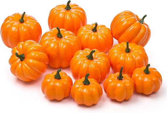 Ogrmar 12 Pack Artificial Assorted Pumpkins, Mini Fake Pumpkins Orange | Orange Pumpkin Decor Mini Halloween Pumpkins Foam Pumpkin Artificial Vegetable for Halloween Harvest Thanksgiving Party Decor