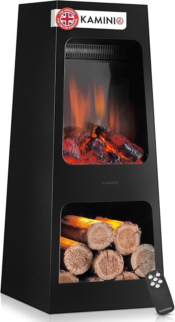 KAMINIO Electric Garden Fireplace KAI - Electrical freestanding patio Stove with Heater, 3D Flame Effect, LED Mood Light, Wood Storage Compartment,