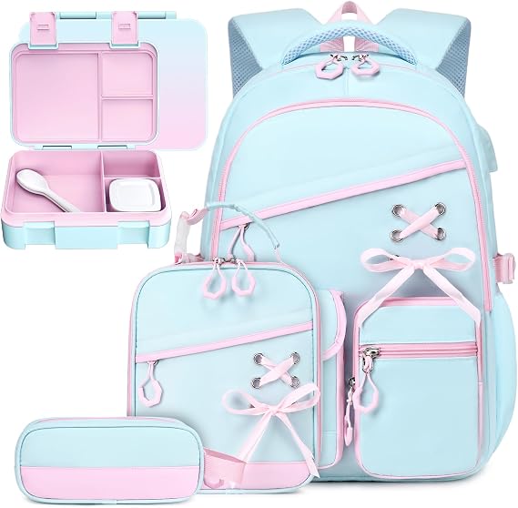 DIGOBAY Backpacks for Girls - 6PCS Girls Backpack with Bento Box, School Backpacks with Lunch Bag & Pencil Pouch for Teen Girl Kids Bookbag with Lunch Snack Container, Utensils Aquamarine-pink
