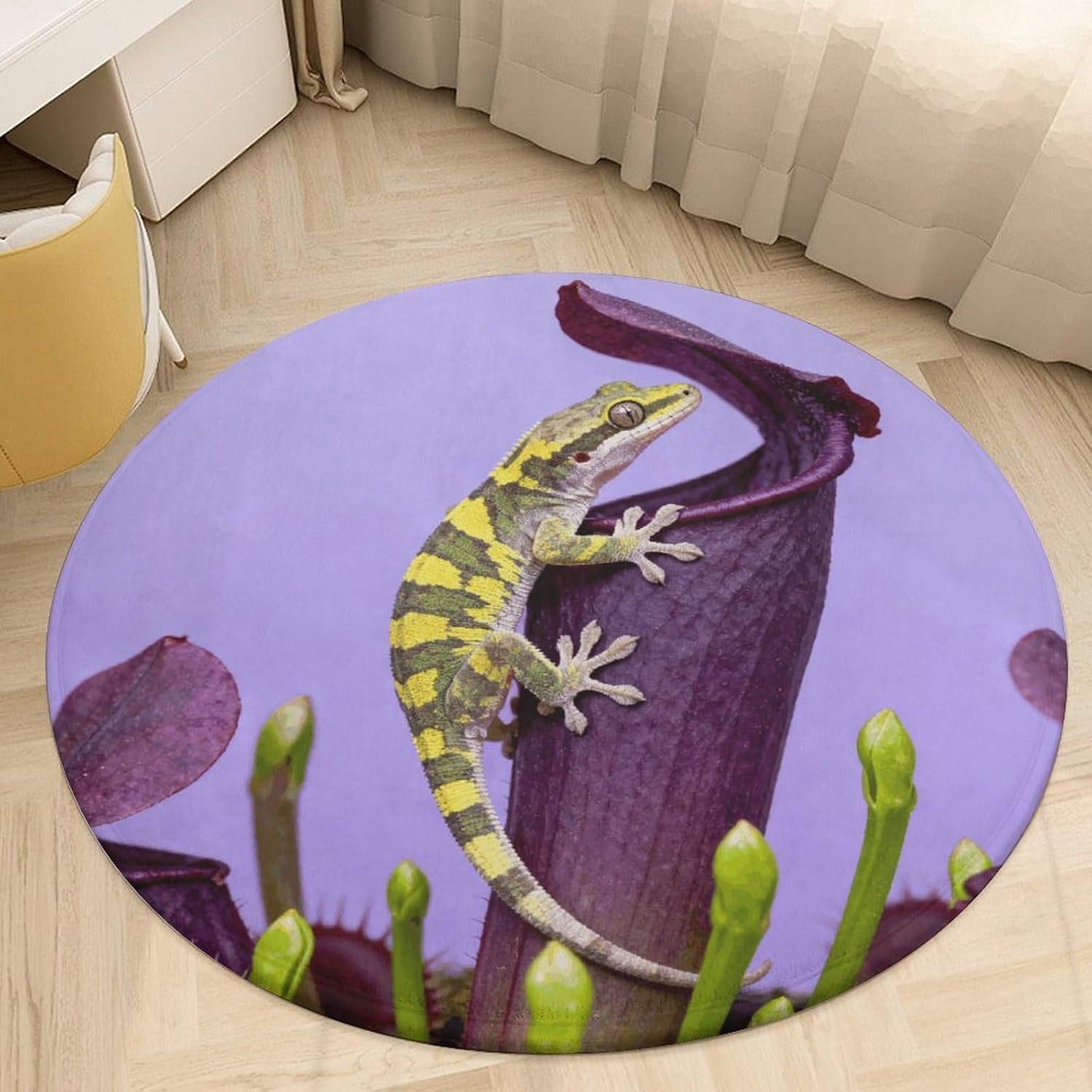 2.5' Coral Velvet Round Rug Machine Washable Non Slip TPR Backing Gecko on Venus Flytrap Area Rug Pet Friendly Doormat Low Pile Soft Plush Bedroom Carpet for Living Room Dorm Indoor