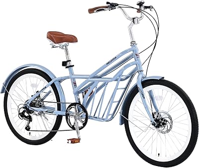 6 Speed Commuter Bike for Adults, 24 Inch Steel Frame City Bicycle with Double Disc Brakes, Comfort Saddle for Outdoor Riding,Blue