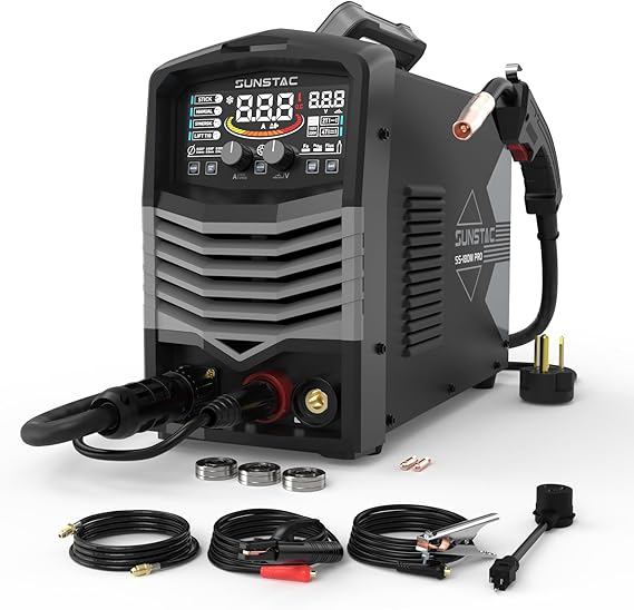 Sunstac 180A MIG Welder with Synergic LCD Control, 110V/220V Dual Voltage | Gas MIG/Gasless MIG/Lift TIG/Stick 4 in 1 welder, IGBT Inverter Synergic Control