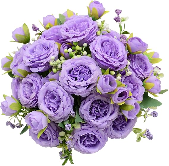 Artificial Flowers Bouquet, 2 Pack Purple Peonies Silk Faux Rose Bundle